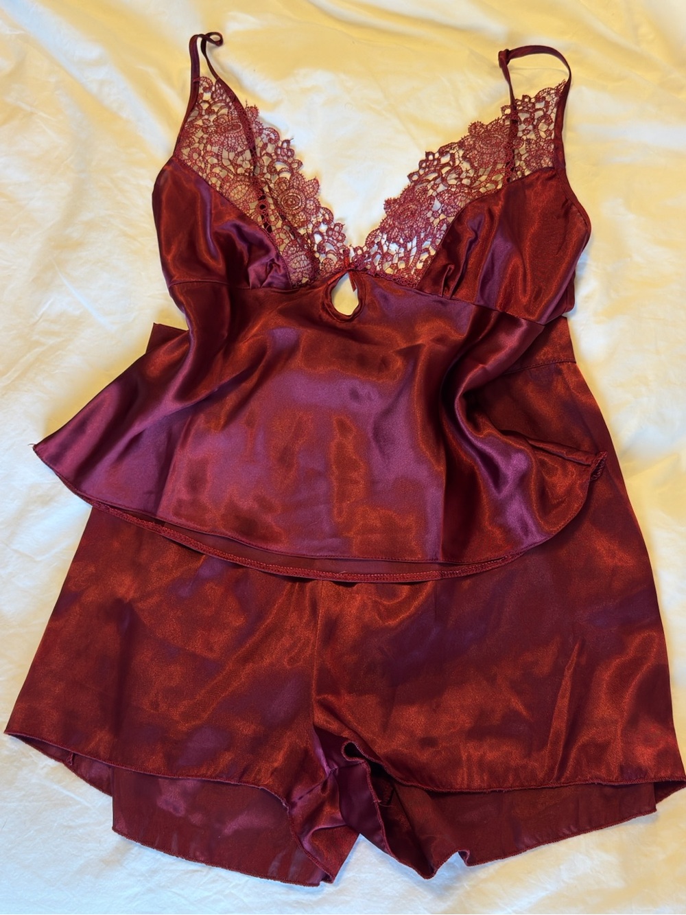 Lace-Trim Satin Camisole & Short Set - Burgundy
